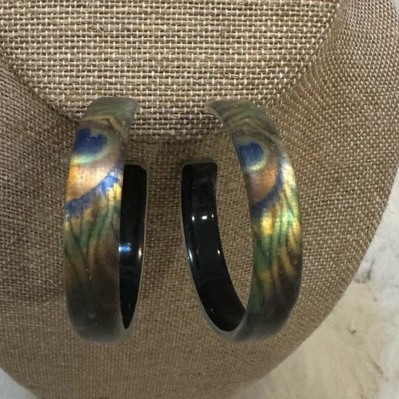Alexis Bittar RARE peacock feather lucite 2” hoop earrings STUNNING - Picture 5 of 9